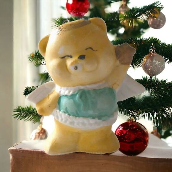 Vintage Ceramic Teddy Bear Ornament Handpainted 1980s Guardian Angel Wings - Picture 13 of 16
